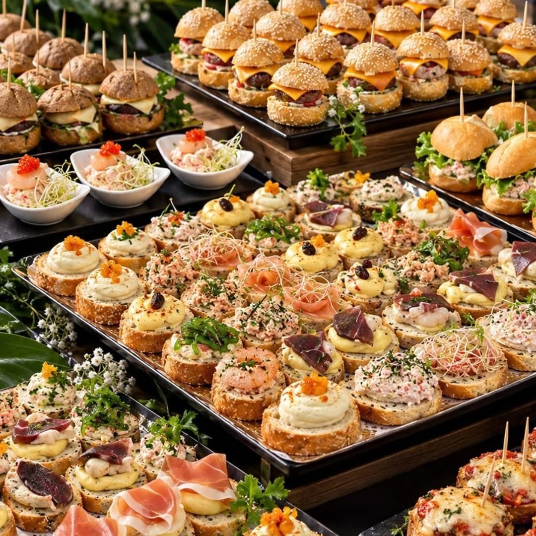 Plateaux de bouchées garnies, tartelettes et mini-burgers dressés
